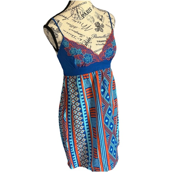 Women Vintage Flying Tomato Orange & Blue Halter Mini Dress S Y2K Aztec Print - Picture 2 of 5